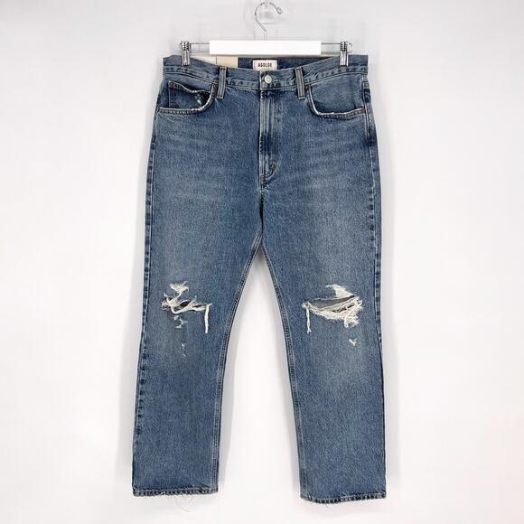 AGOLDE NWT Mia Mid Rise Straight Jeans Women’s Size 30 Distressed Blue Denim - Picture 2 of 7